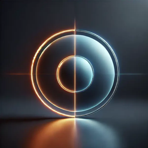 A circle divided in blue and orange colors